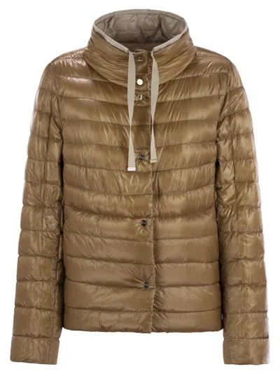 Herno Light Gray Reversible High Neck Down Jacket In Technical Fabric Woman In Beige/camel