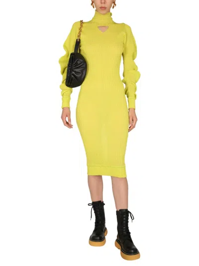 Bottega Veneta Turtleneck Cut-out Rib-knit Dress In Green