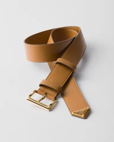 Prada Saffiano Leather Belt With Enameled Triangle Logo Accessories In Caramel