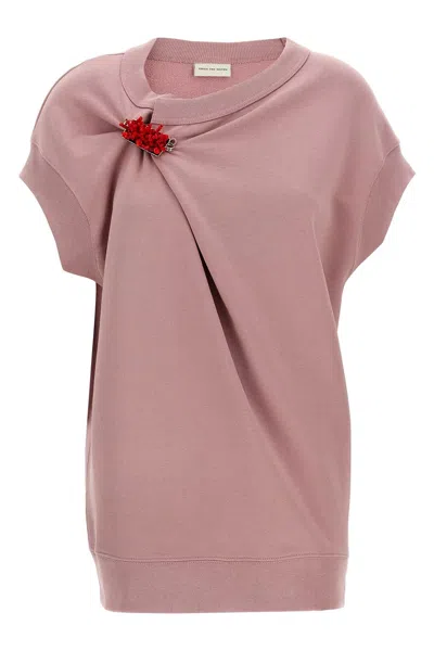 Dries Van Noten Embellished Crew Neck Cap Sleeves Sweatshirt In Pink