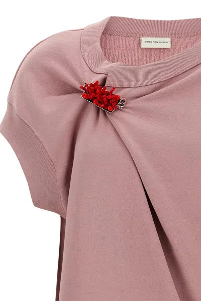 Dries Van Noten Embellished Crew Neck Cap Sleeves Sweatshirt In Pink