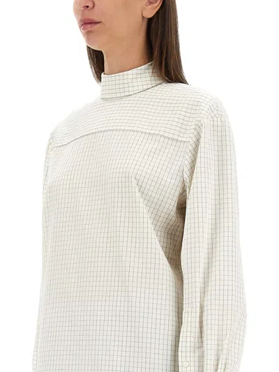 Dries Van Noten Checked Popeline Turtleneck Shirt With High-low Hem In White