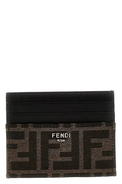 Fendi Brown Card-holder With Metal Lettering In Leather And Ff Canvas Man In Brown