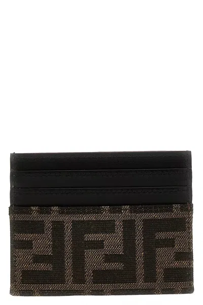 Fendi Brown Card-holder With Metal Lettering In Leather And Ff Canvas Man In Brown