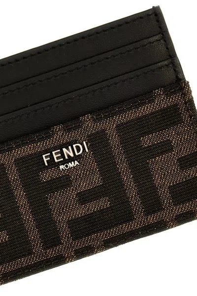 Fendi Brown Card-holder With Metal Lettering In Leather And Ff Canvas Man In Brown