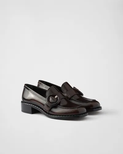 Prada Polished Brown Flat Shoes With Decorative Buckle In Sienna