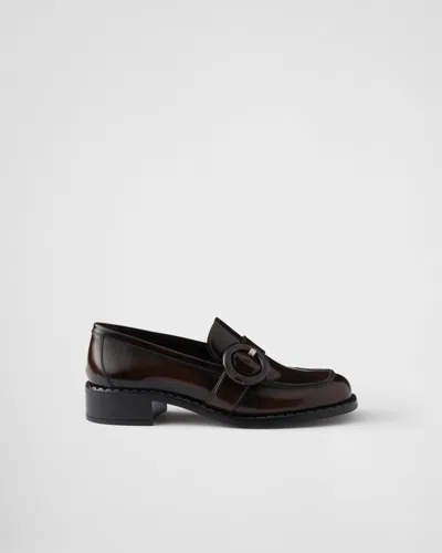Prada Polished Brown Flat Shoes With Decorative Buckle In Sienna
