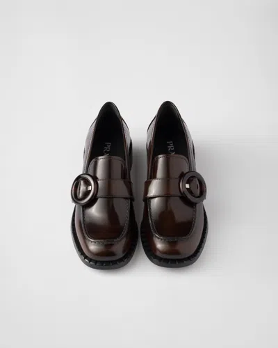 Prada Polished Brown Flat Shoes With Decorative Buckle In Sienna