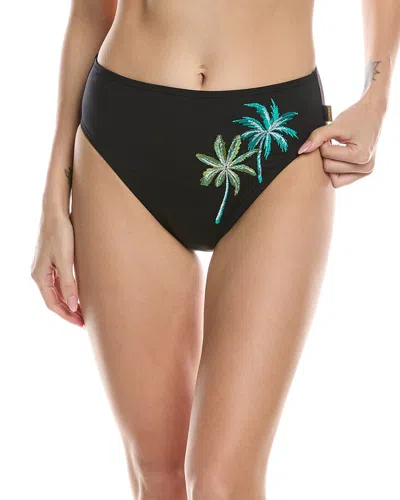 Vince Camuto Palm Embroidered High Waist Bikini Bottom In Black