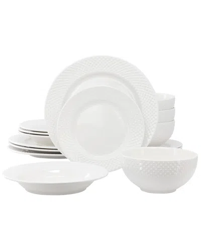 Elama Kim 16 Piece Hobnail Double Bowl Porcelain Dinnerware Set In White