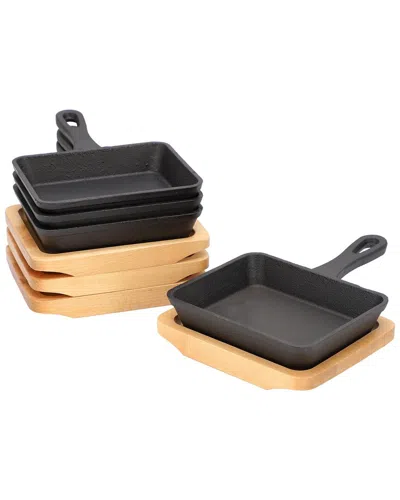 Megachef 4pc Mini Cast Iron Square Pan With Wood Tray In Black