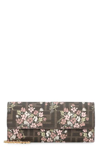 Fendi Flower Bouquet Ff Fabric Wallet With Chain Accessories In Brown
