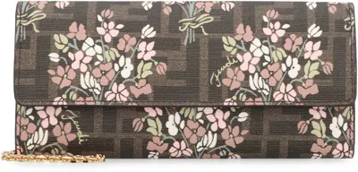 Fendi Flower Bouquet Ff Fabric Wallet With Chain Accessories In Brown