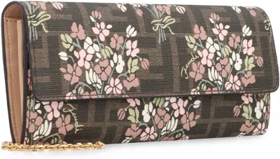 Fendi Flower Bouquet Ff Fabric Wallet With Chain Accessories In Brown