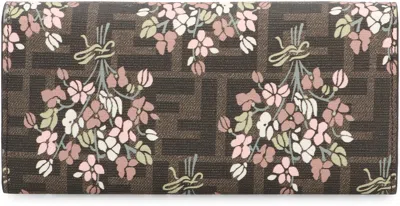Fendi Flower Bouquet Ff Fabric Wallet With Chain Accessories In Brown
