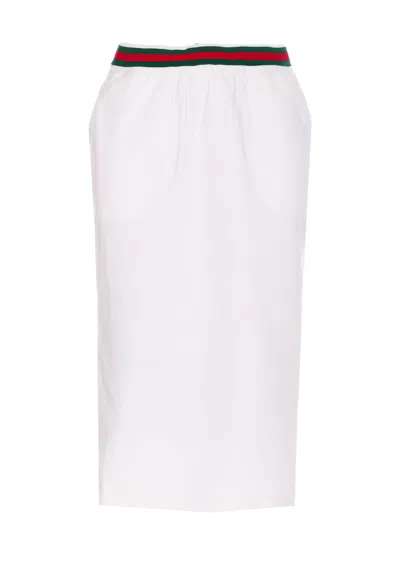 Gucci White Skirt With Web Detail On The Waist And Logo Lettering Embroidery On The Front In Cotton Woman