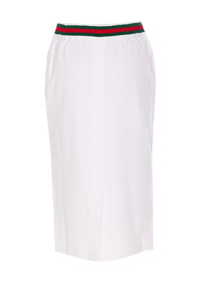 Gucci White Skirt With Web Detail On The Waist And Logo Lettering Embroidery On The Front In Cotton Woman