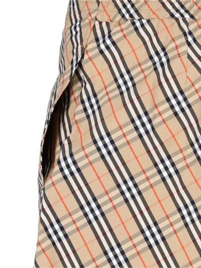 Burberry Women Beige Shorts With Elastic Drawstring Waist And All-over Check Motif In Cotton Woman In Beige