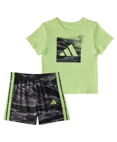 Adidas Originals Baby Boys 2-piece Short Sleeve Cotton T-shirt And Elastic Waistband Printed Shorts Set In Pulse Lime