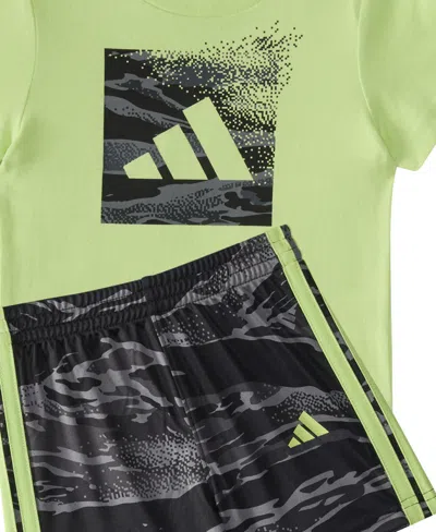 Adidas Originals Baby Boys 2-piece Short Sleeve Cotton T-shirt And Elastic Waistband Printed Shorts Set In Pulse Lime