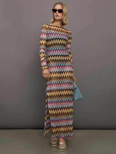 Missoni Multicolor Long Dress With All-over Zig Zag Motif In Yellow/pink
