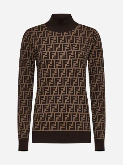 Fendi Ff Jacquard Turtleneck Sweater In Brown