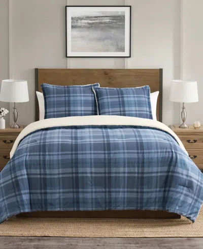 Vcny Home Plaid Brushed Flannel And Sherpa 3-pc. Comforter Set, King In Blue