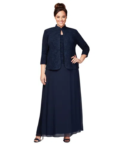 Alex Evenings Plus Size Glitter Jacket & A-line Dress In Blue