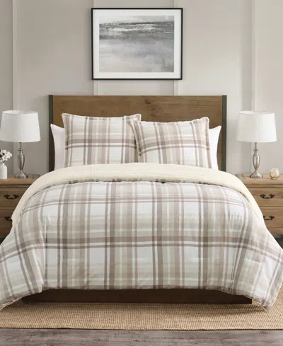 Vcny Home Plaid Brushed Flannel And Sherpa 3-pc. Comforter Set, Full/queen In Beige