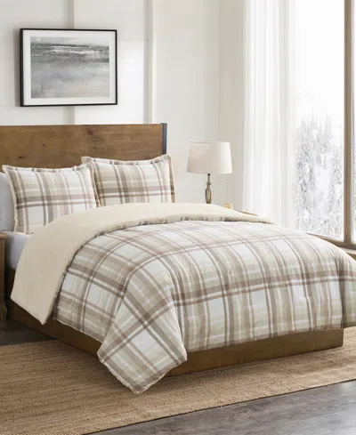 Vcny Home Plaid Brushed Flannel And Sherpa 3-pc. Comforter Set, Full/queen In Beige