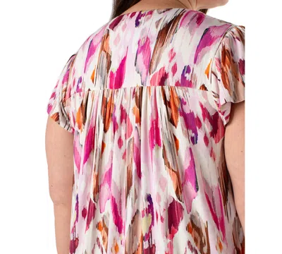 Liverpool Plus Size Flutter-sleeve Button-front Top In Pink Painted Ikat