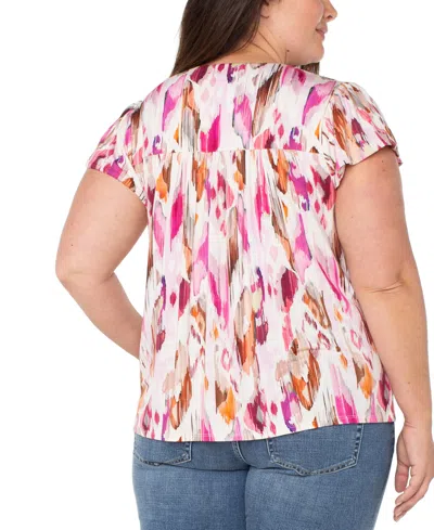 Liverpool Plus Size Flutter-sleeve Button-front Top In Pink Painted Ikat