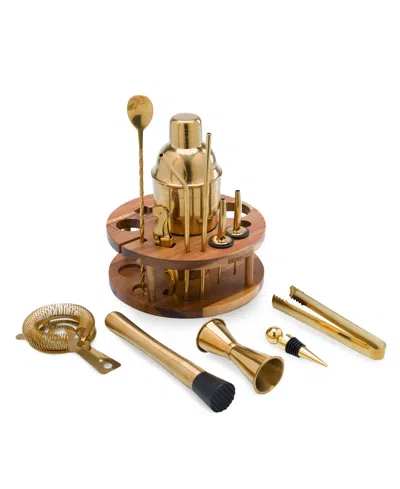 Legacy Carousel Lazy Susan Bar Tool Set, 12 Piece In Acacia Wood And Gold