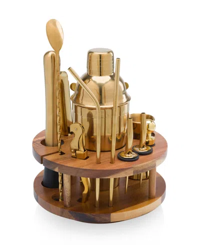 Legacy Carousel Lazy Susan Bar Tool Set, 12 Piece In Acacia Wood And Gold