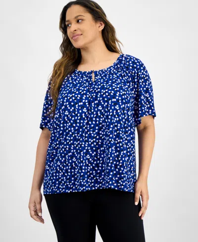 Ak Anne Klein Plus Size Keyhole-cutout Flutter-sleeve Top In Santorini Blue Multi