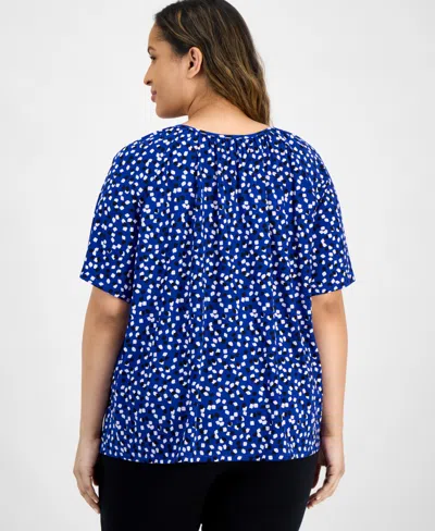 Ak Anne Klein Plus Size Keyhole-cutout Flutter-sleeve Top In Santorini Blue Multi