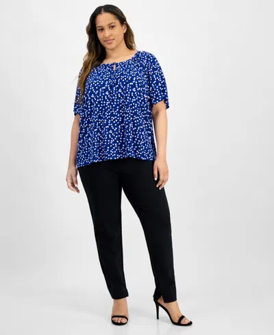 Ak Anne Klein Plus Size Keyhole-cutout Flutter-sleeve Top In Santorini Blue Multi