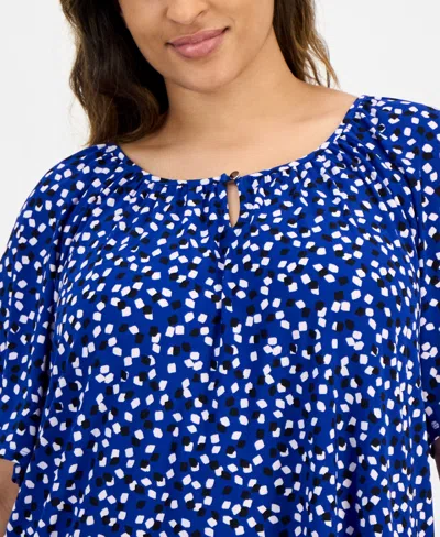 Ak Anne Klein Plus Size Keyhole-cutout Flutter-sleeve Top In Santorini Blue Multi