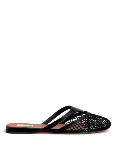 Alaïa Fishnet And Leather Flip Flops Flat Mules Shoes In Black