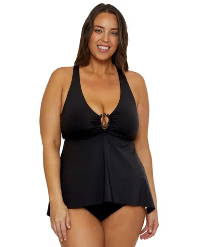 Becca Etc Plus Size Marble Canyon High Waist Bikini Bottoms In Black