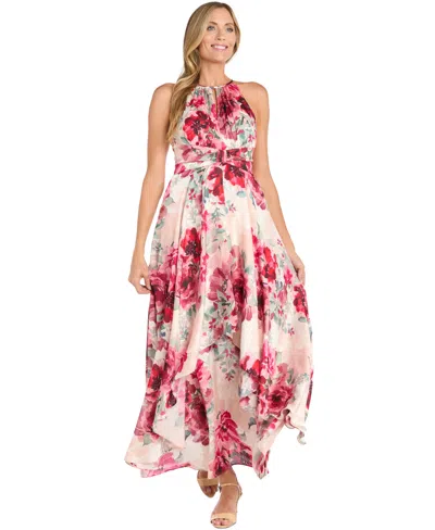 R & M Richards 3503 Long Floral A Line Print Formal Maxi Dress In Pink