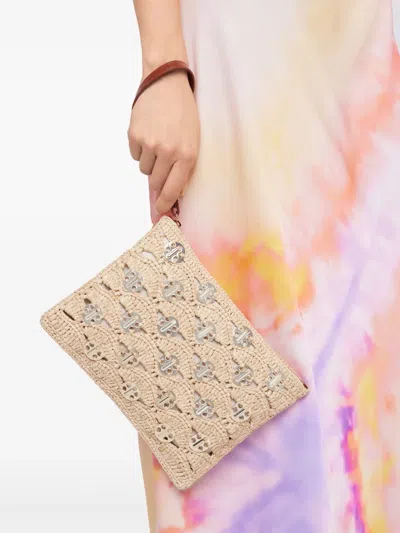 Rabanne Metallic Woven Raffia Pouch In Neutrals