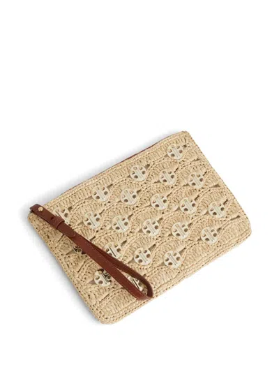 Rabanne Metallic Woven Raffia Pouch In Neutrals
