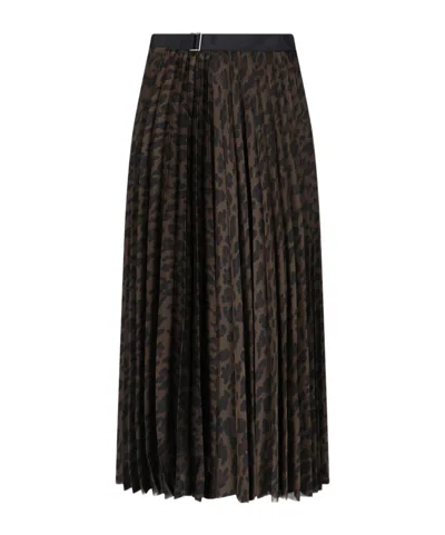 Sacai Pleated High-waisted Animal Print Midi Skirt In Black