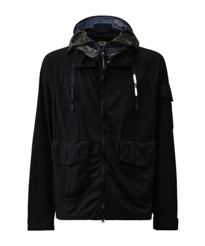 C.p. Company Blue Jacket With Explorer Hood And Adjustable Drawstring Waist In Black