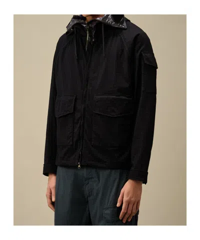 C.p. Company Blue Jacket With Explorer Hood And Adjustable Drawstring Waist In Black
