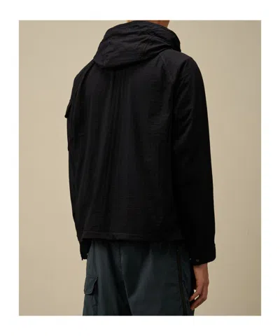 C.p. Company Blue Jacket With Explorer Hood And Adjustable Drawstring Waist In Black