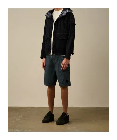 C.p. Company Blue Jacket With Explorer Hood And Adjustable Drawstring Waist In Black