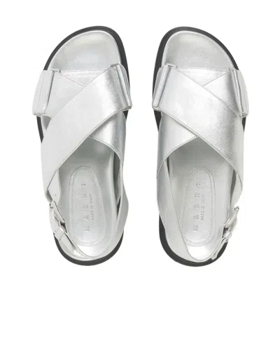 Marni Fussbett Metallic Leather Slingback Sandals In White