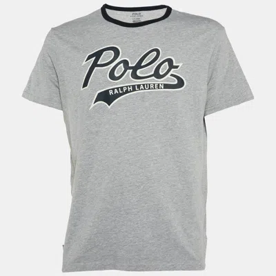 Pre-owned Polo Ralph Lauren Grey/navy Blue Logo Print Cotton Crew Neck T-shirt L